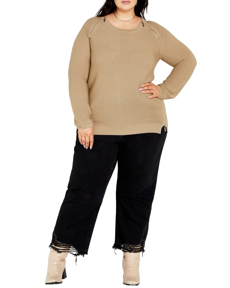 Front of a model wearing a size M Addie Zip Tunic in Latte by City Chic. | dia_product_style_image_id:320557